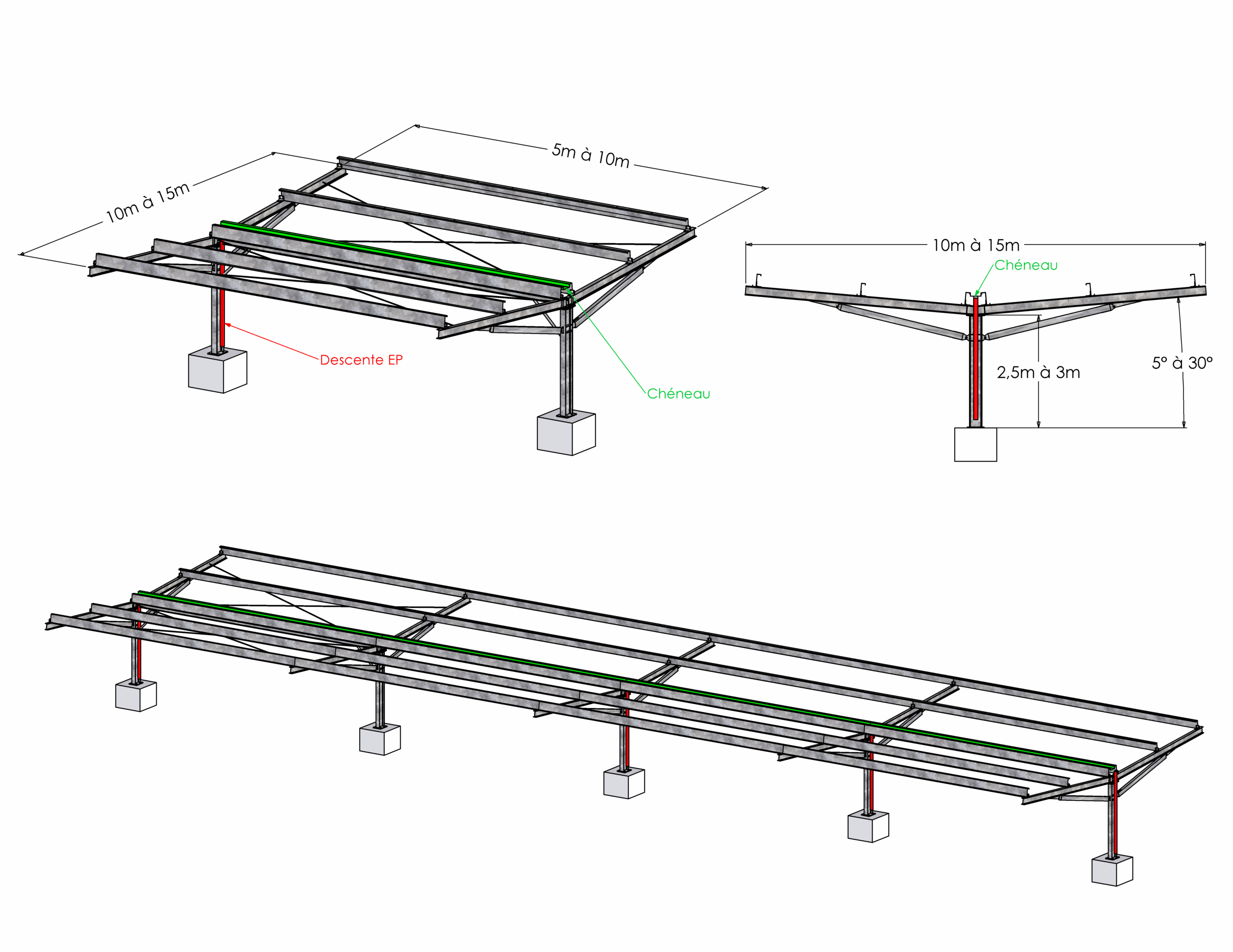 Ombrière solaire parking double pente en V avec chéneau central et descente EP